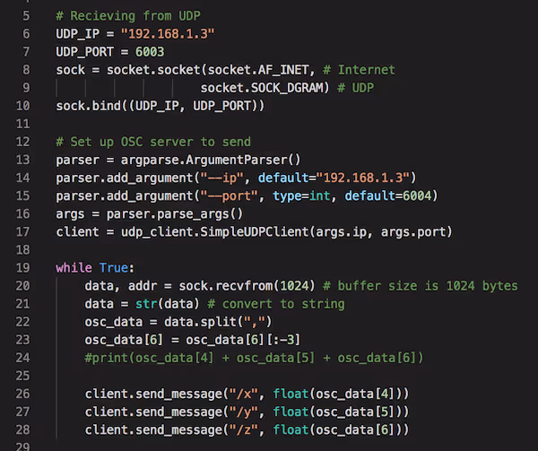 Sample of the code used to transport the messages into Max